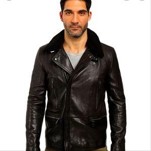 Coach Long Leather Moto with Shearling Collar
